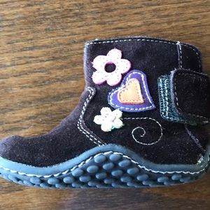 Osh Kosh brown genuine suede floral appliqué baby boots Velcro opening EUC